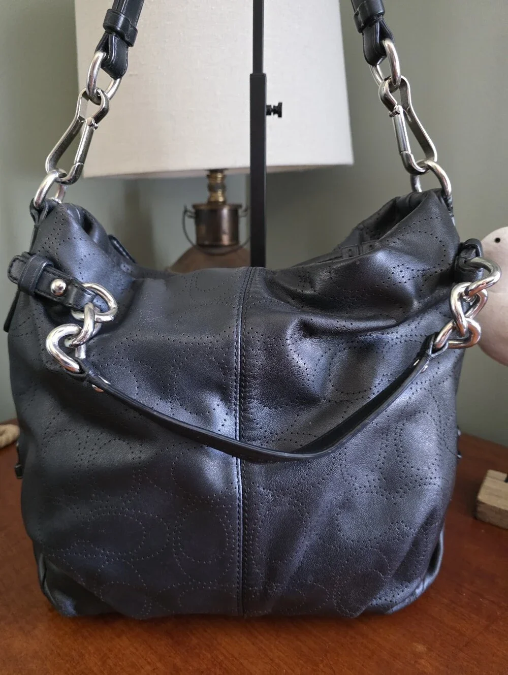 Coach F16908 Brooke Convertible Duffle Black Signature Perforated Leather Bag